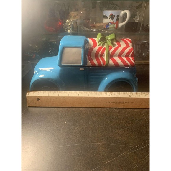 World Market Ceramic Blue Pick-Up Truck Cookie Jar w/Candy Cane Logs - Picture 7 of 10